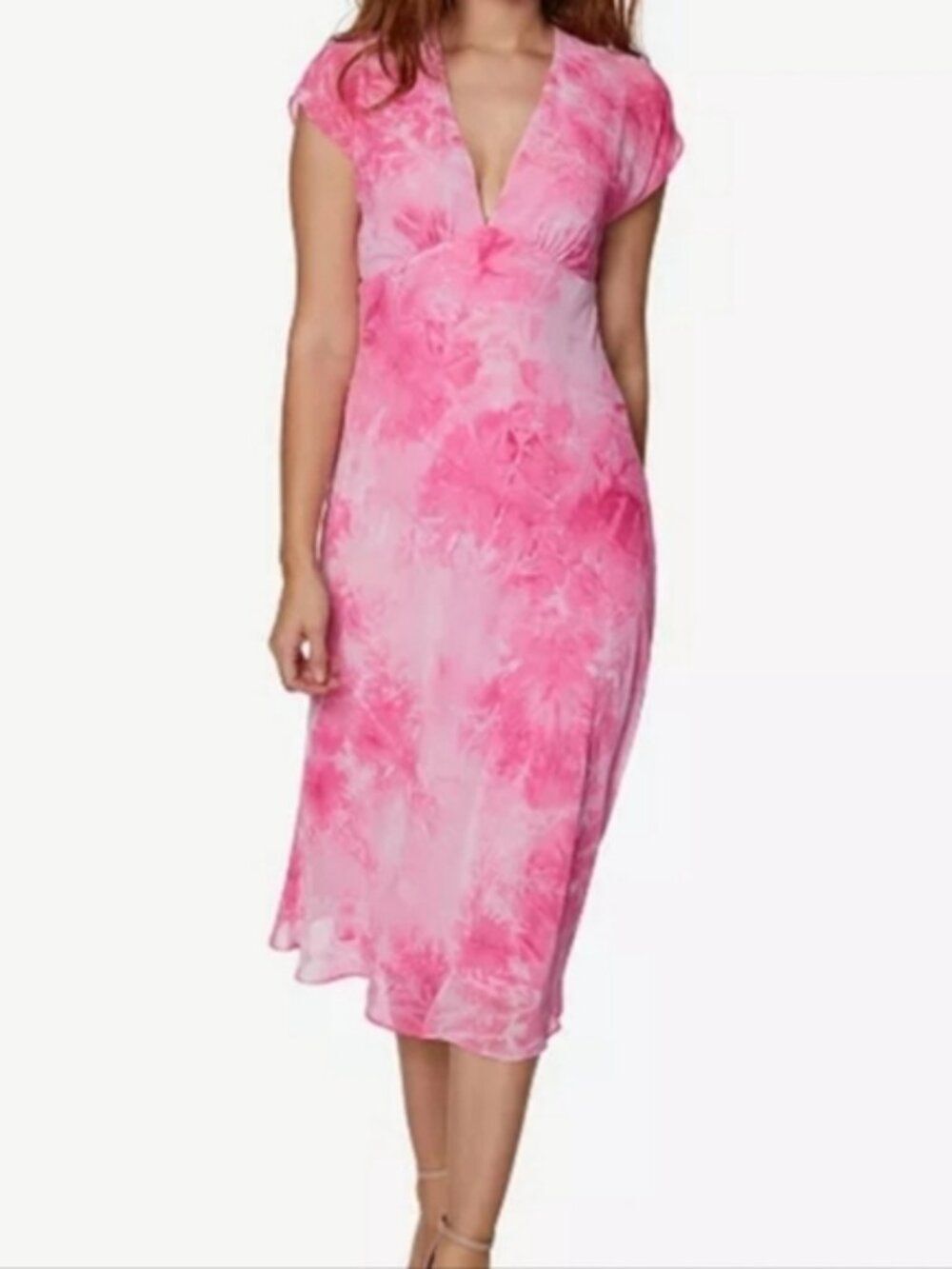 Sage Collective Pink Tie Dye Size 2 A-Line V-Neck Printed Bright Pink Midi Dress